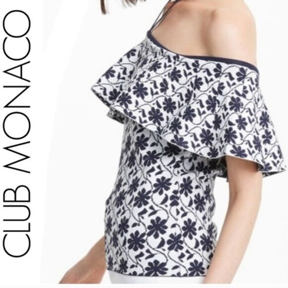 Club Monaco White & Navy Rowlen Blue Floral‎ Off Shoulder Knit Women's Top Small - Picture 10 of 14